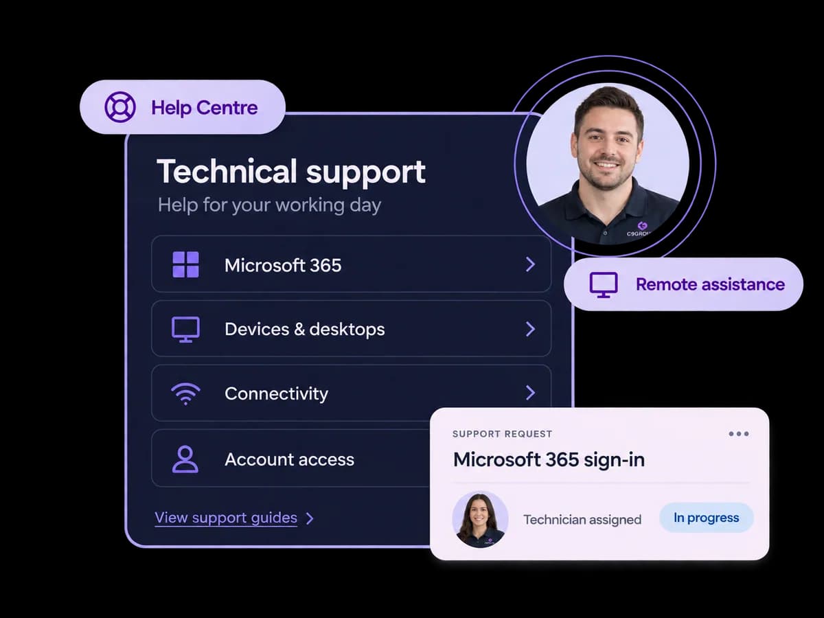 Technical support help centre interface for C9 support enquiries