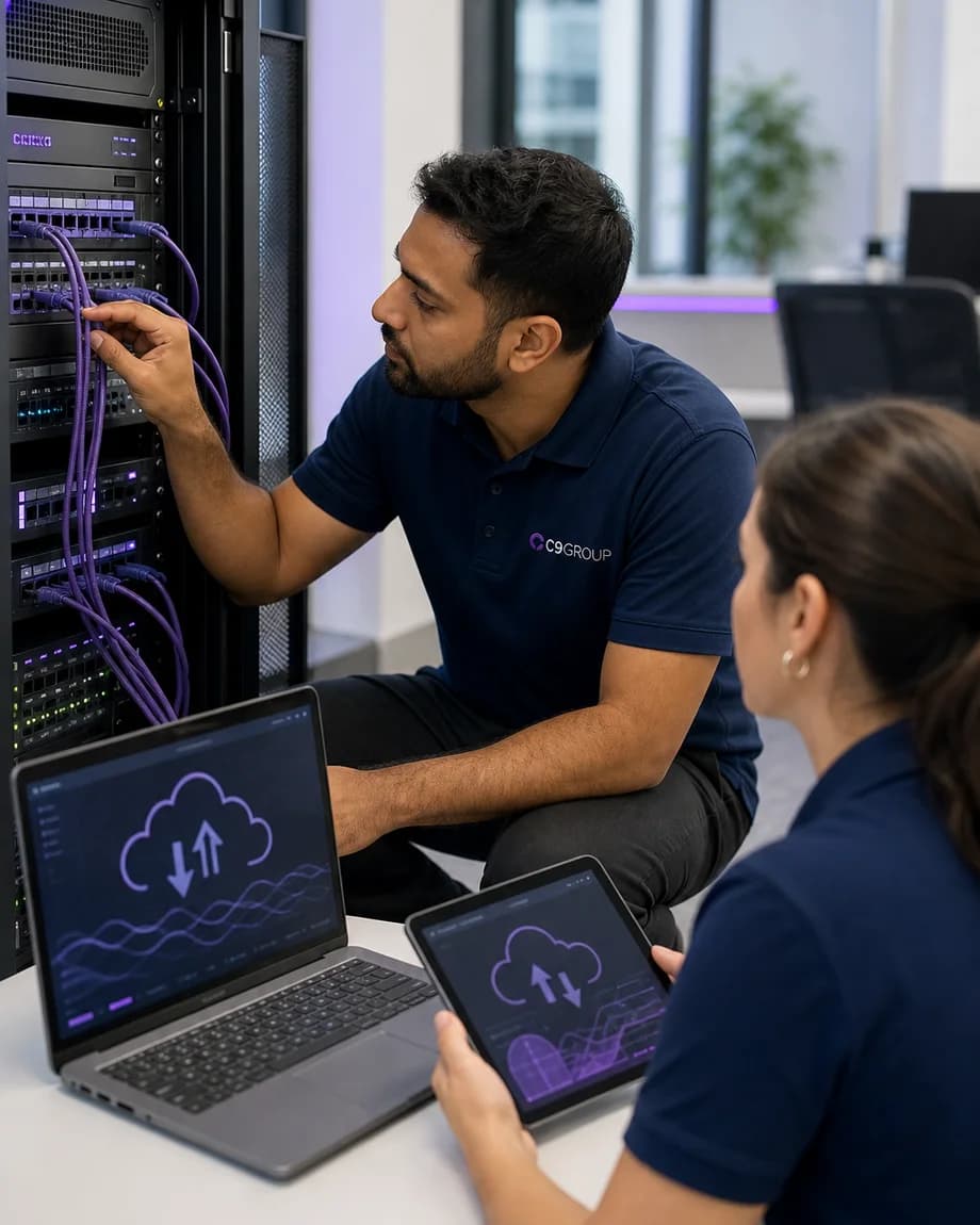 C9 GROUP network specialist testing cloud performance beside enterprise ethernet equipment