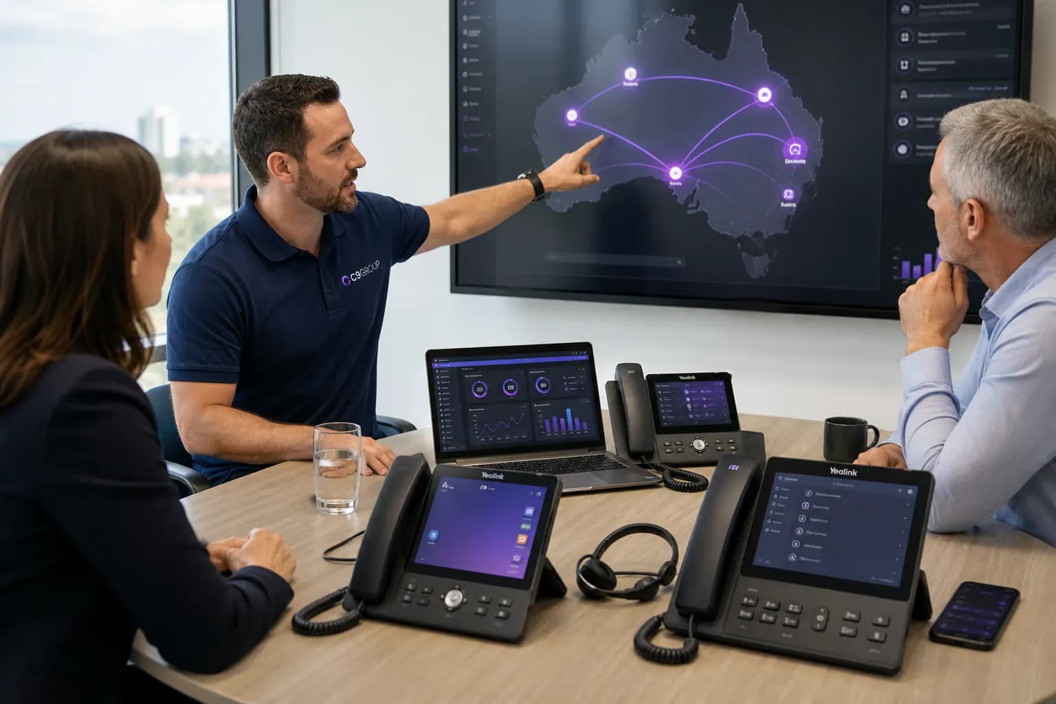 C9 GROUP delivery specialist in navy polo planning multi-site phone systems with multiple desk phones