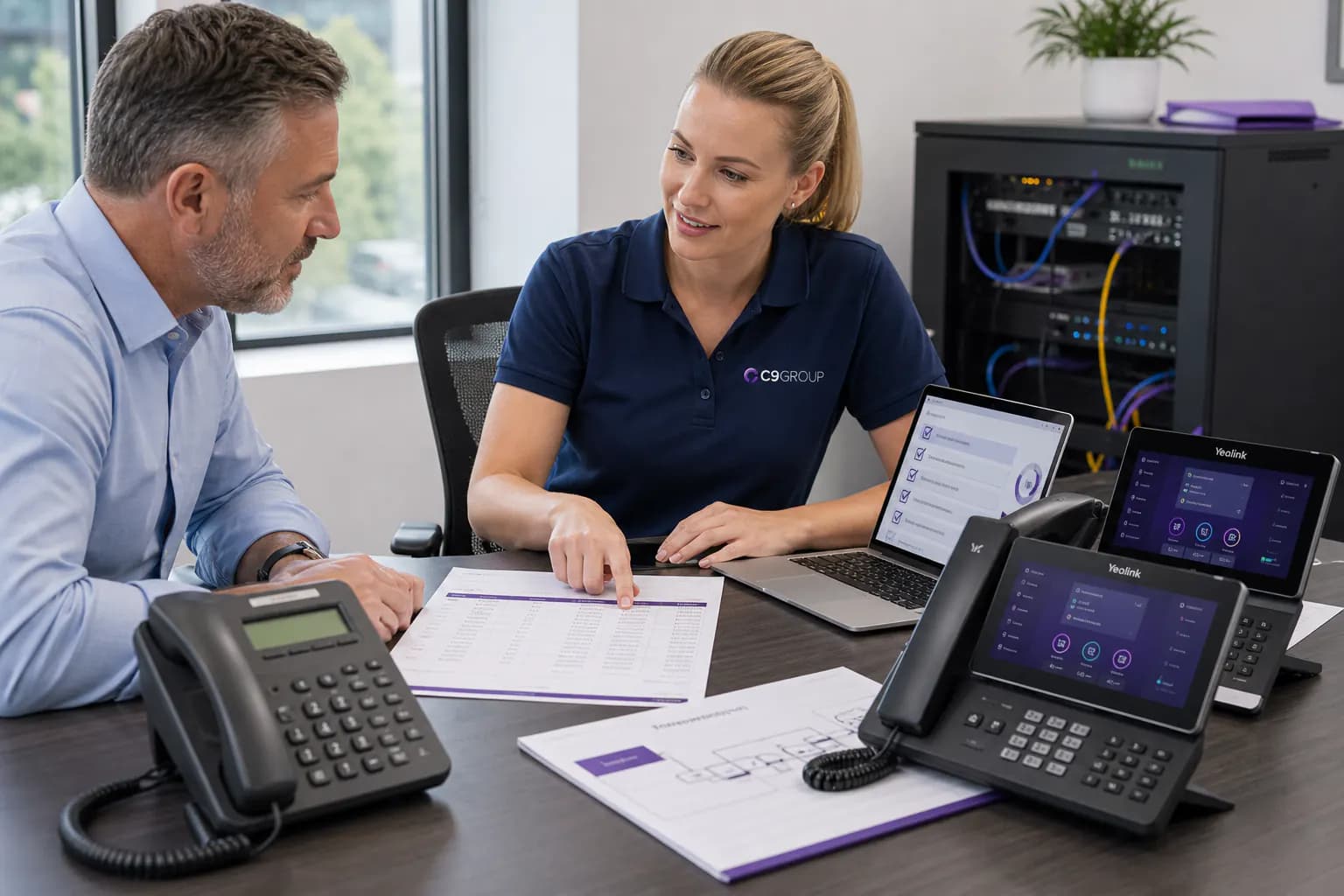 C9 GROUP consultant in navy polo reviewing phone system migration with old and new desk phones