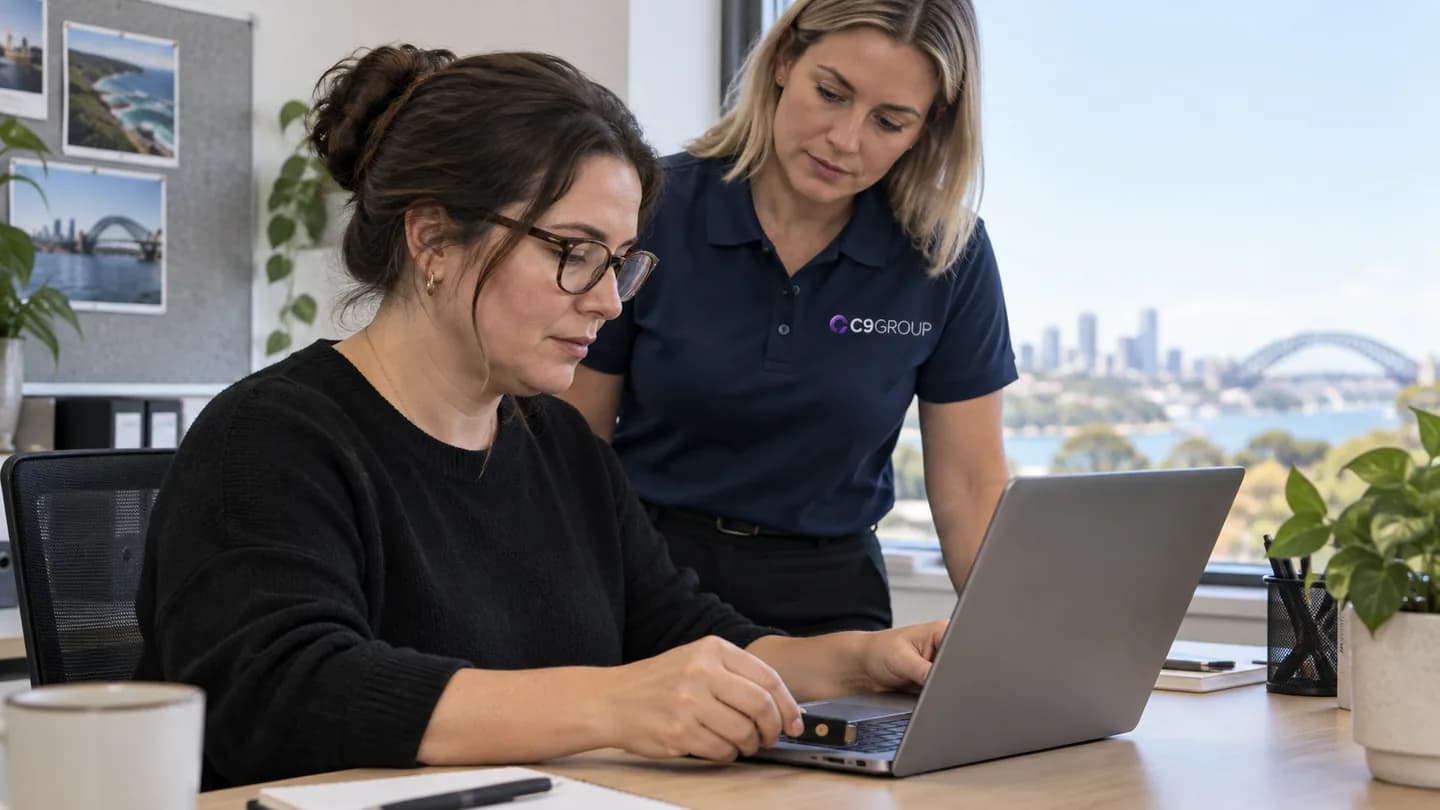 An administrator reviewing secure sign-in with a C9 consultant