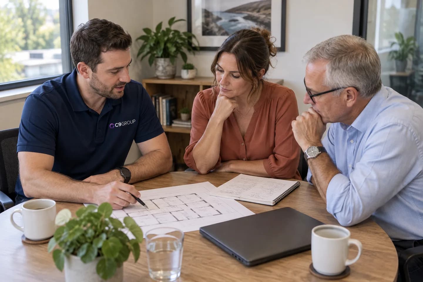 C9 GROUP service lead and business managers reviewing a floor plan and delivery requirements