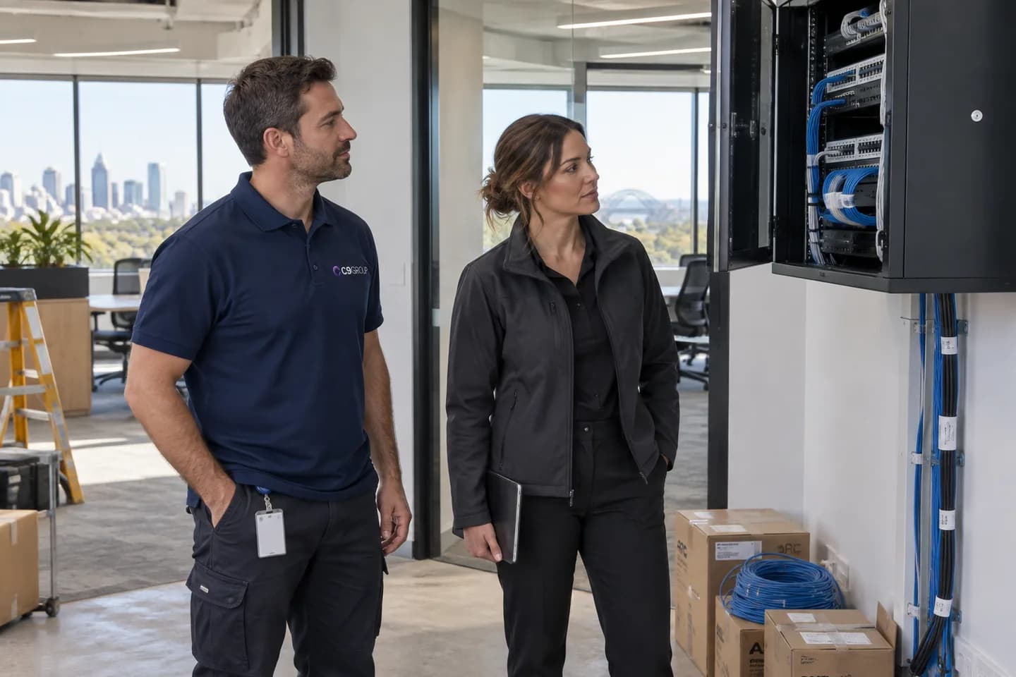 C9 GROUP field engineer and site manager checking network readiness in a new office