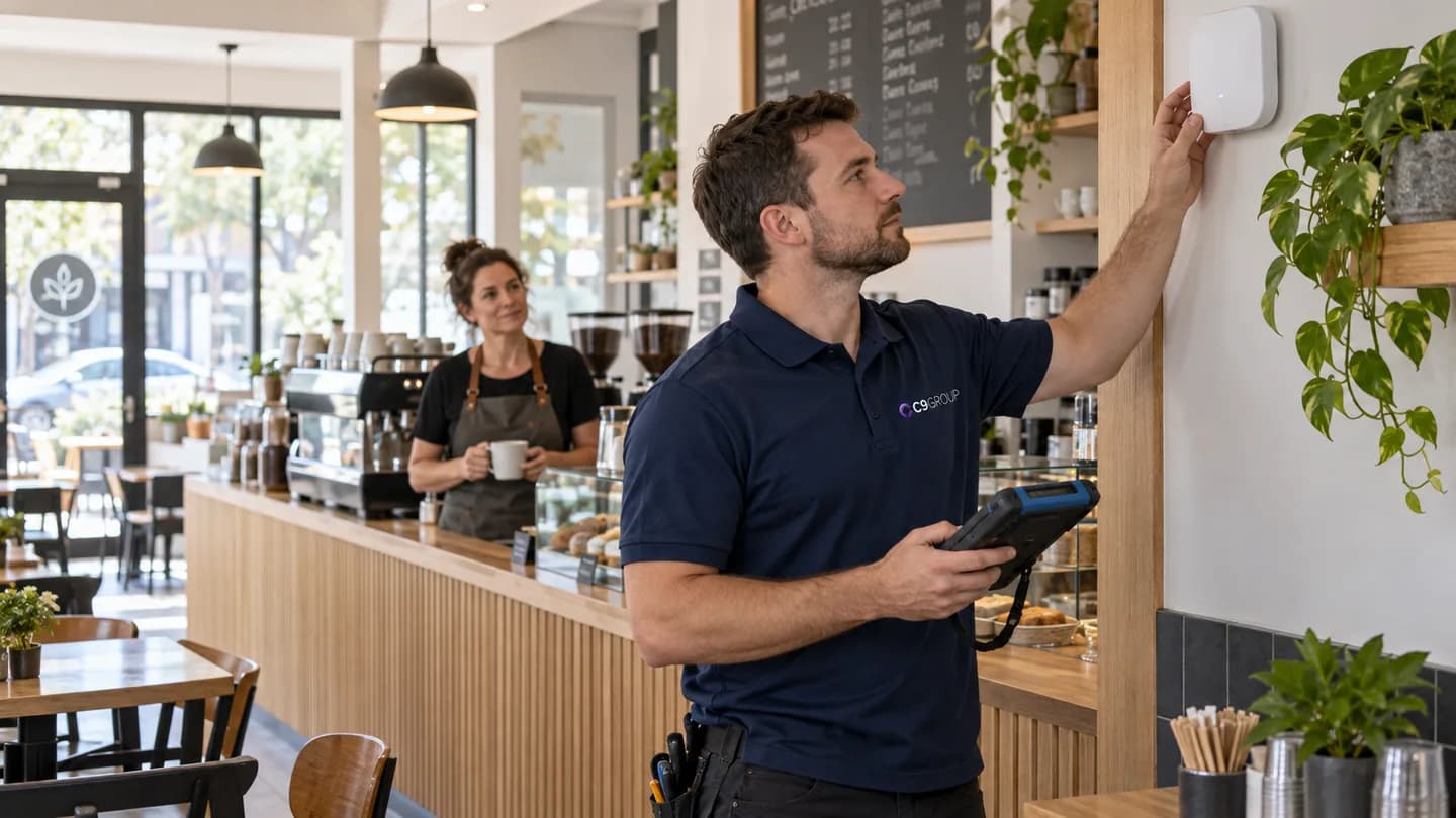 C9 GROUP technician checking a wireless access point in a cafe