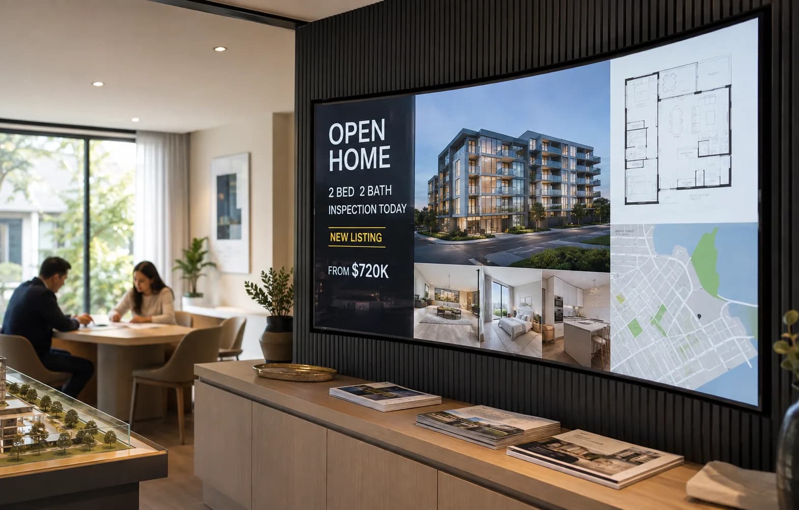 Property marketing shown on a display in a real estate sales environment