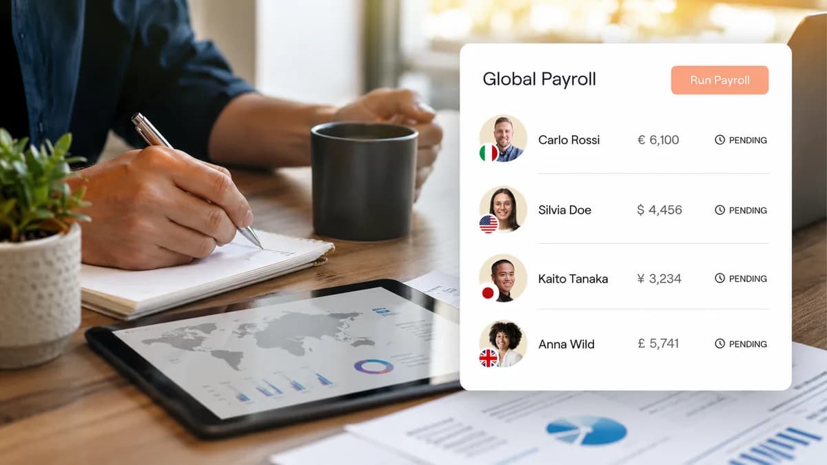 Payroll coordination dashboard showing remote workforce status and payment readiness steps