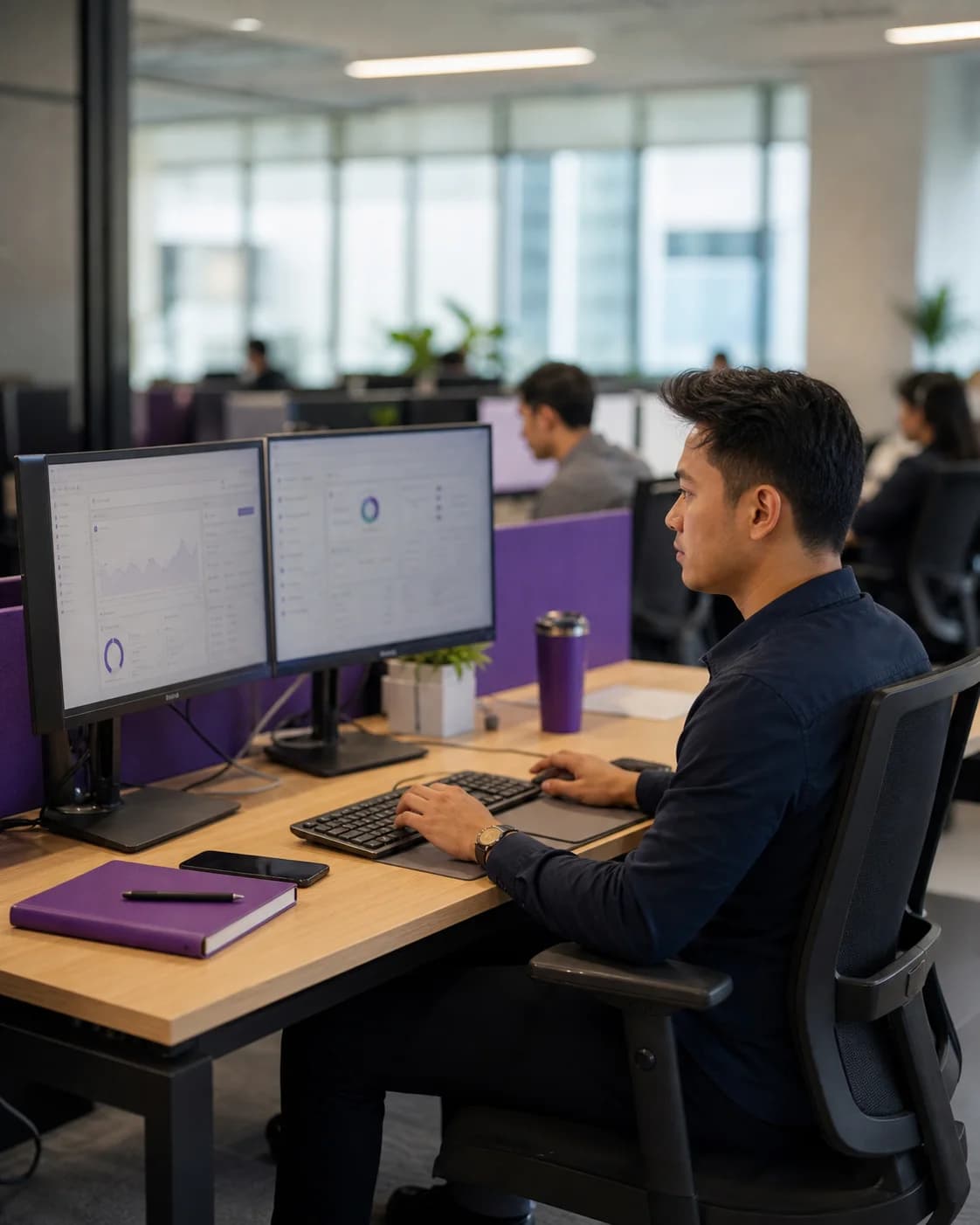 Dedicated remote professional working from a modern corporate office