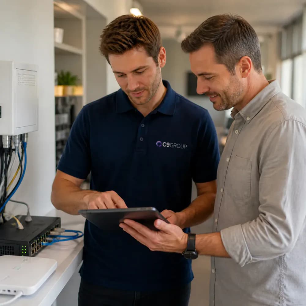 C9 GROUP staff member in navy C9 polo reviewing managed hardware service options with a business customer