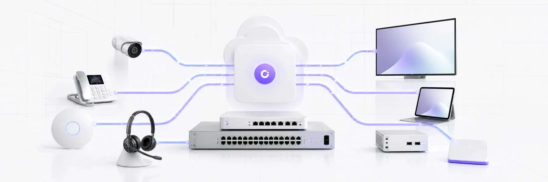 Clean managed hardware ecosystem including network, Wi-Fi, voice, display and endpoint devices connected through C9 support