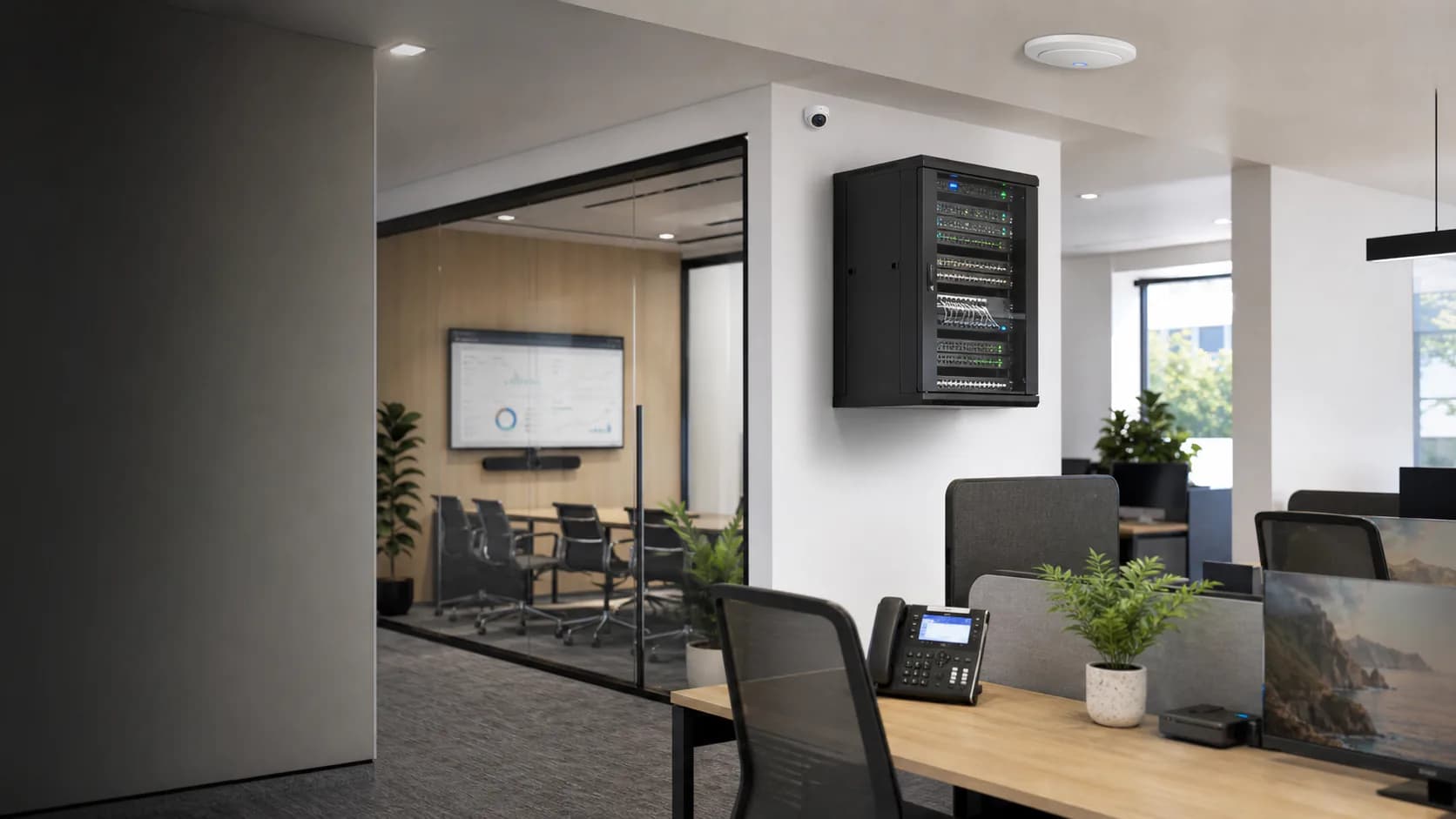 Modern office with installed network rack, Wi-Fi access point, security camera, meeting display and desk phone hardware running