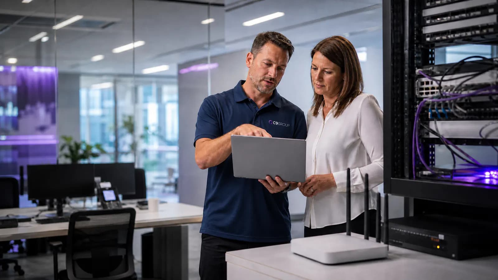 C9 GROUP specialist reviewing managed business internet equipment and router setup with an Australian business manager
