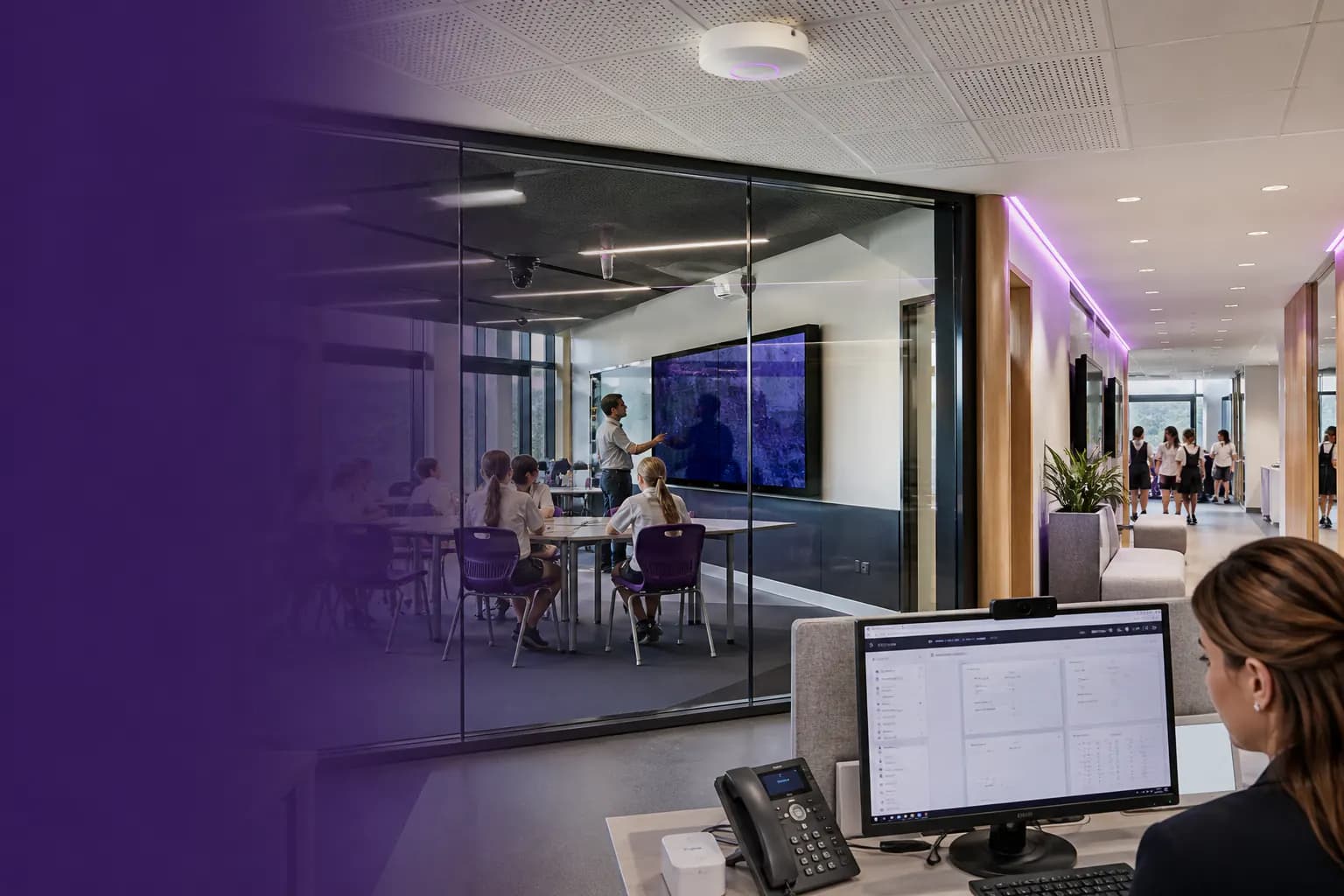 Education campus with classroom technology, admin workstation and Wi-Fi connectivity