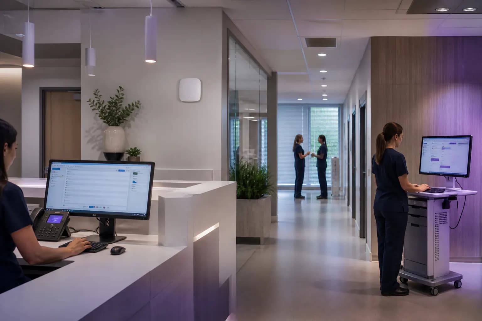Healthcare clinic reception with secure workstations and Wi-Fi for business connectivity