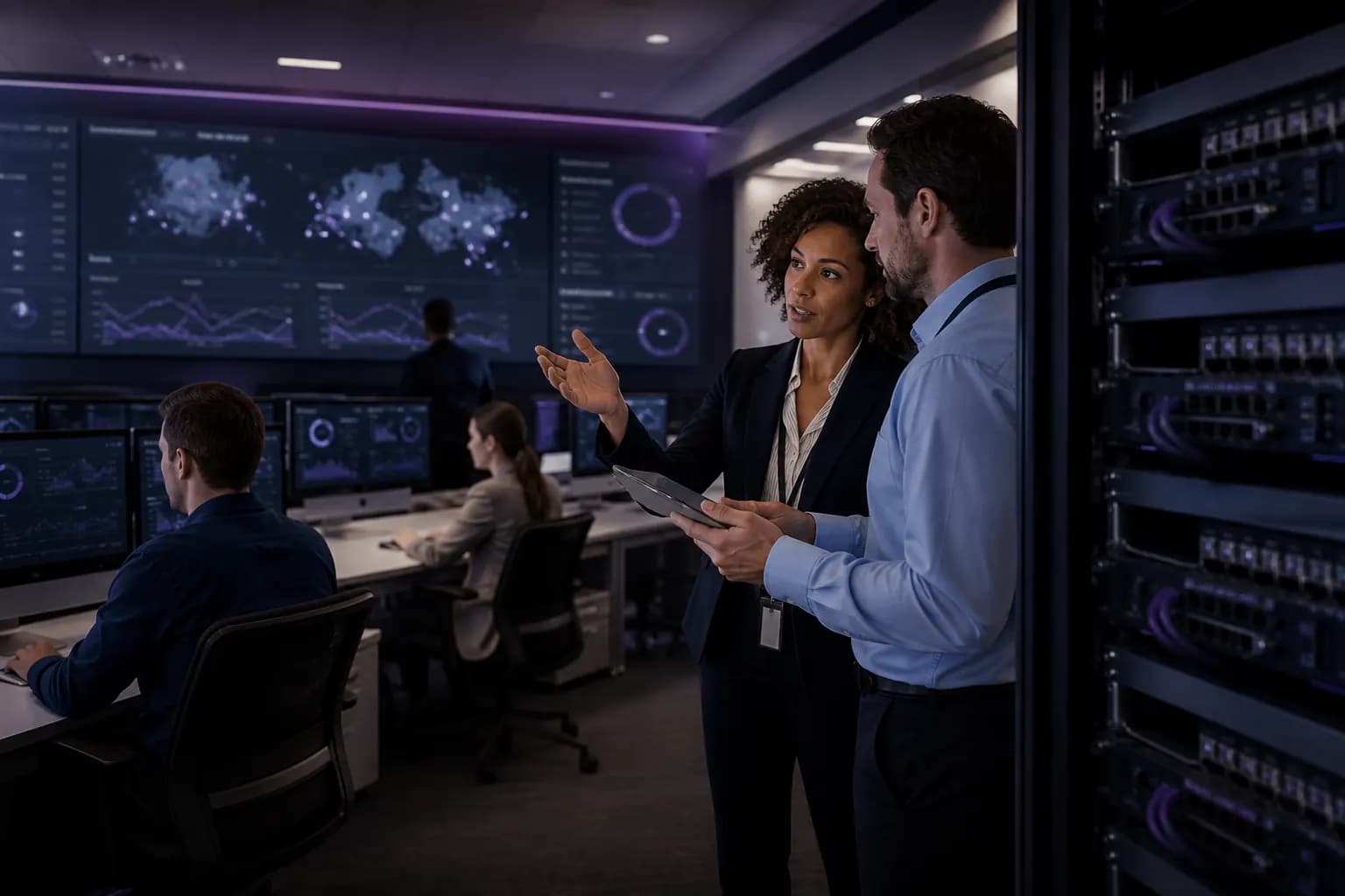 Network operations room managing connectivity standards across multiple business sites