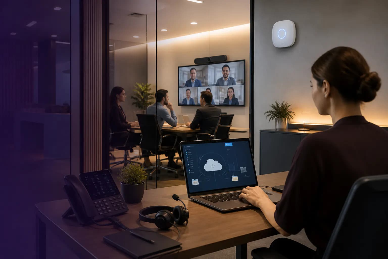 Professional services office with cloud collaboration, video meeting and voice connectivity
