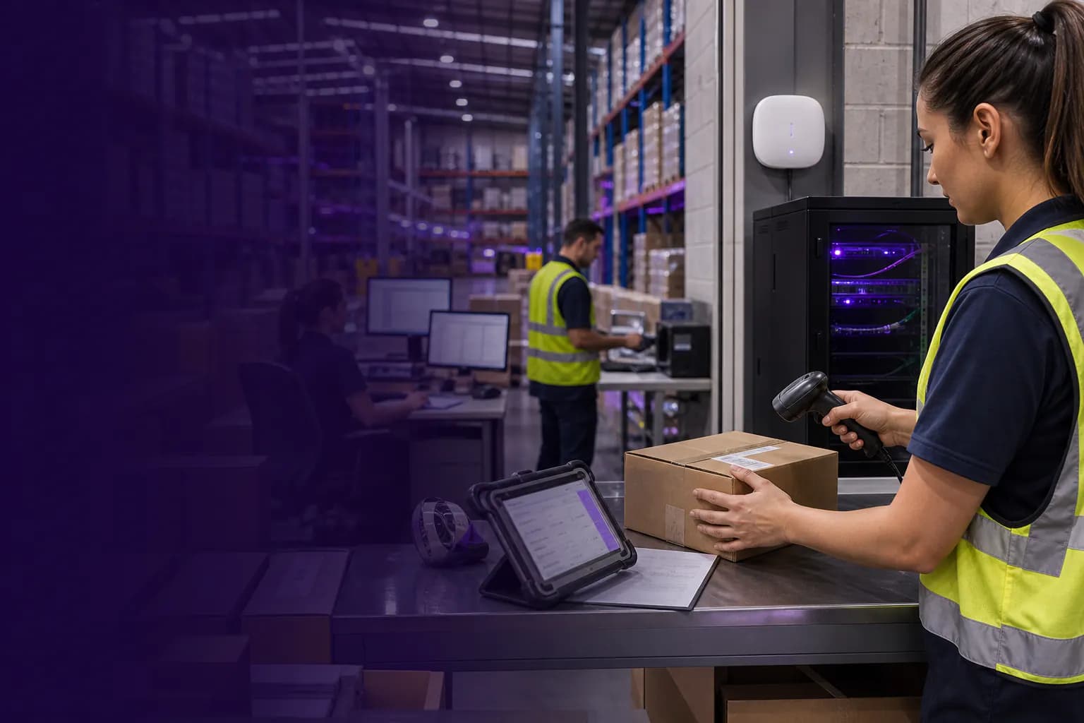 Warehouse dispatch area with scanners, rugged tablets and network infrastructure