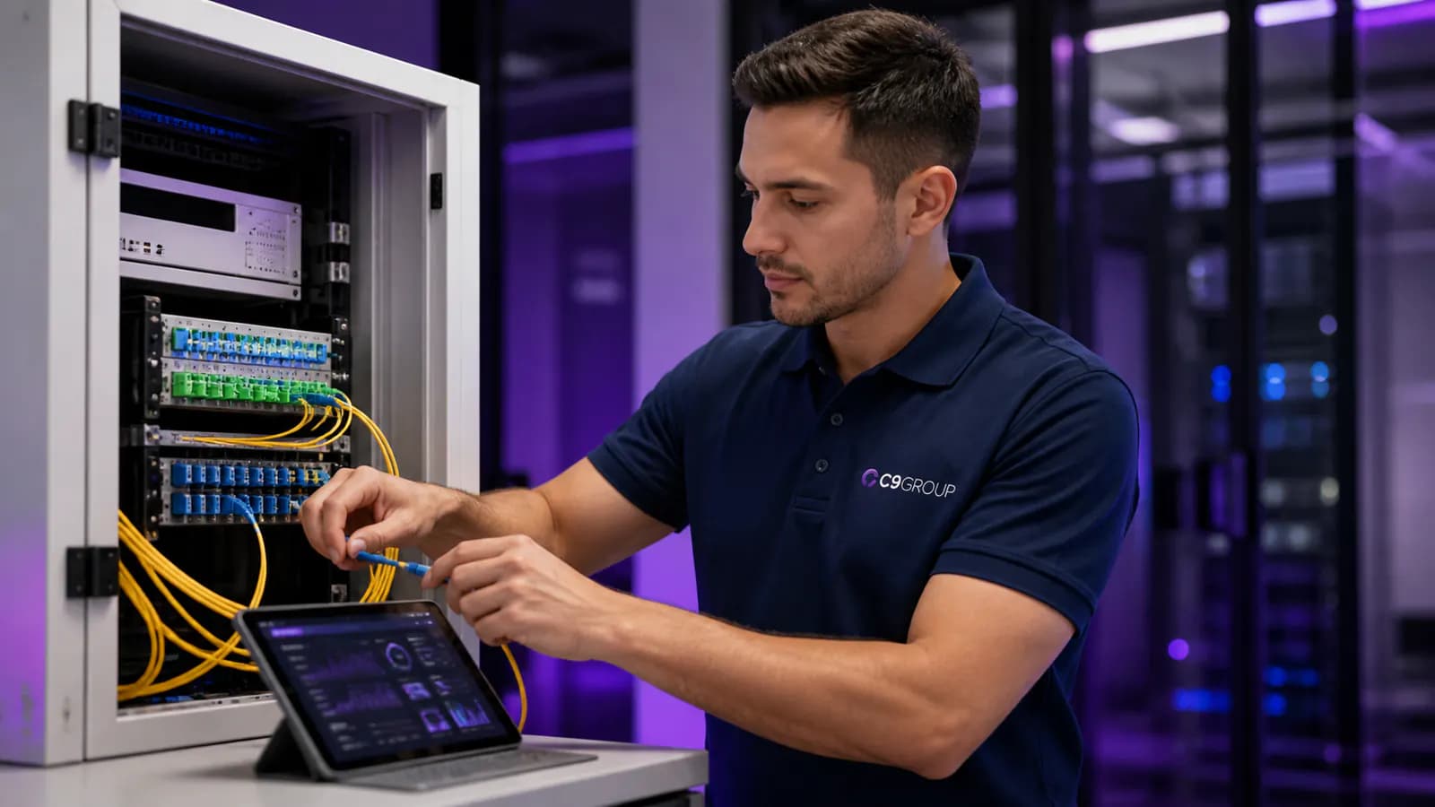 C9 GROUP fibre specialist working on dedicated business fibre termination equipment