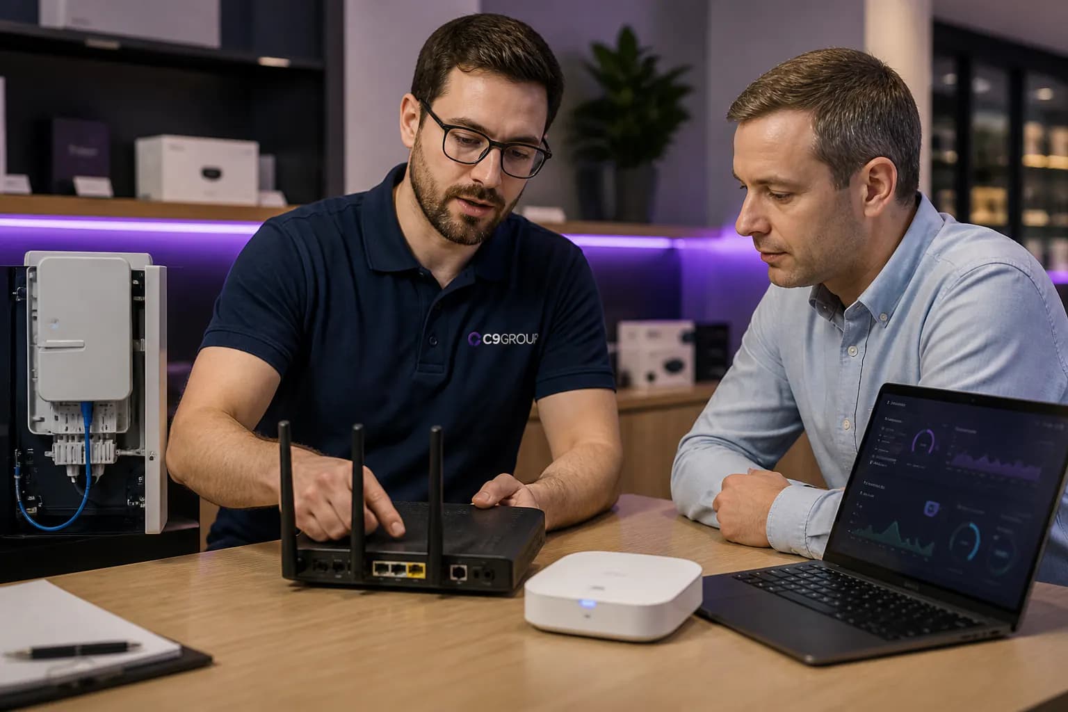 C9 GROUP staff member reviewing Business nbn™ router and network setup with a business customer