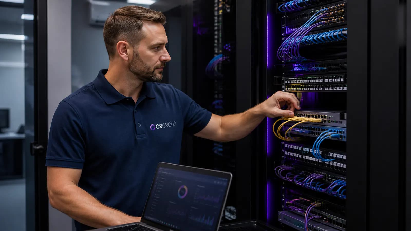 C9 GROUP network specialist inspecting Enterprise Ethernet infrastructure in a communications rack
