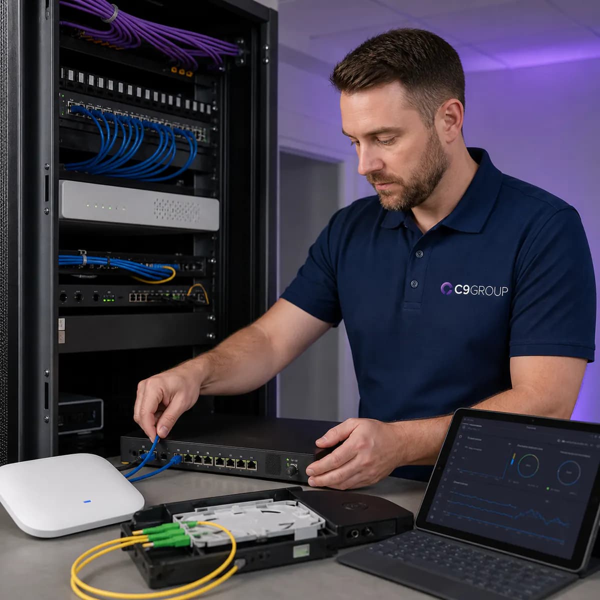 C9 GROUP staff member setting up Business nbn™, Ethernet switching and fibre connectivity equipment