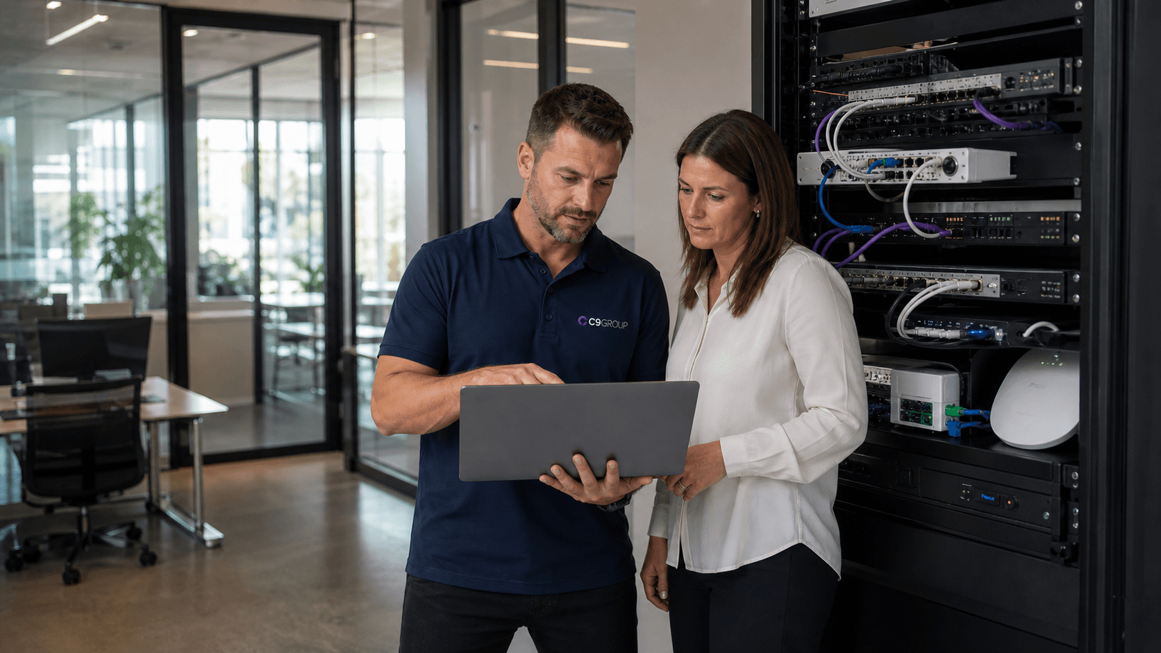 C9 GROUP engineer reviewing managed network equipment with an Australian business client