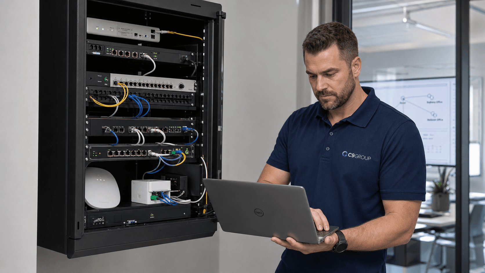 C9 GROUP network engineer configuring managed SD-WAN router, firewall and fibre failover equipment on site