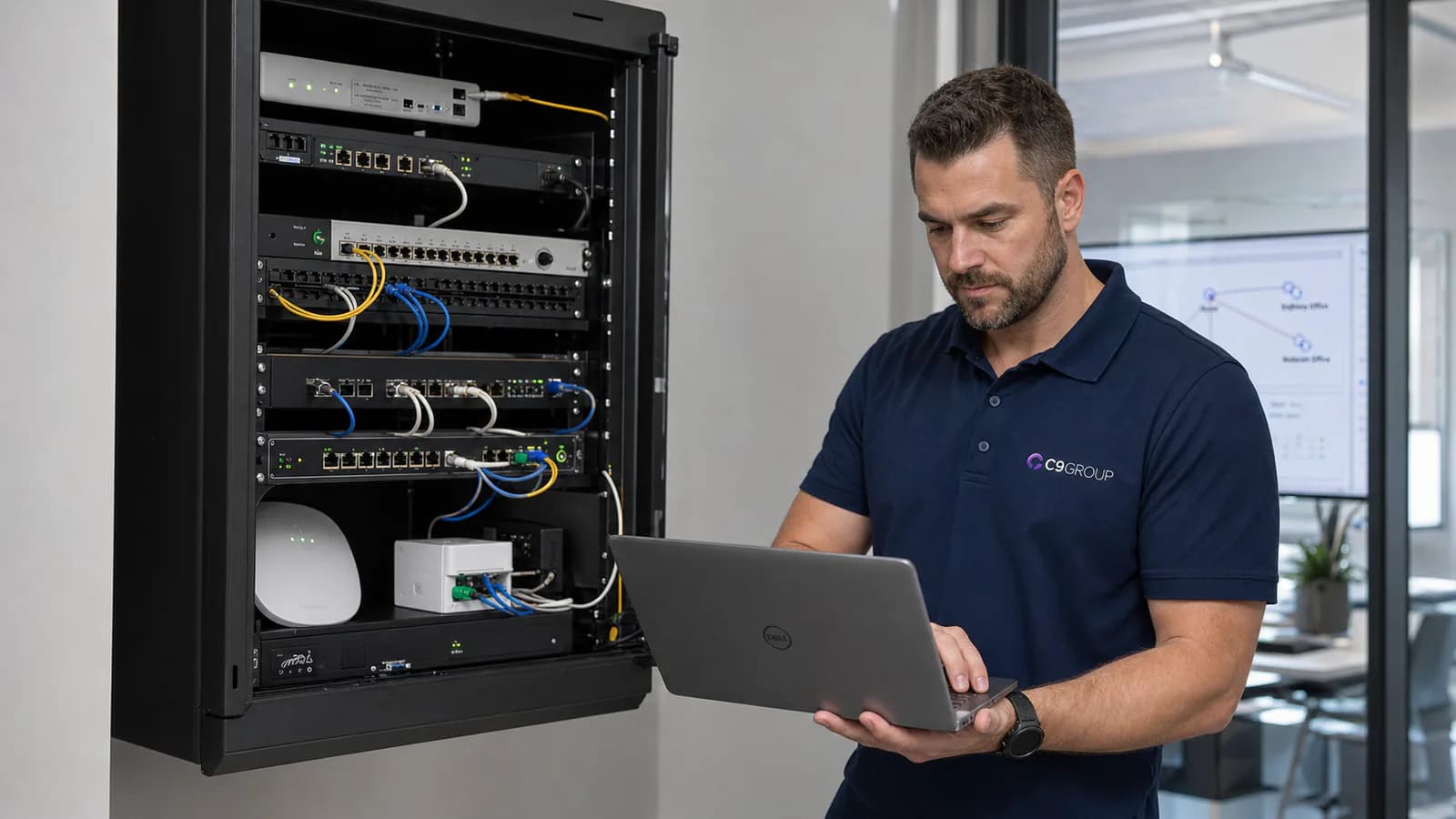 C9 GROUP network engineer configuring managed SD-WAN router, firewall and fibre failover equipment on site