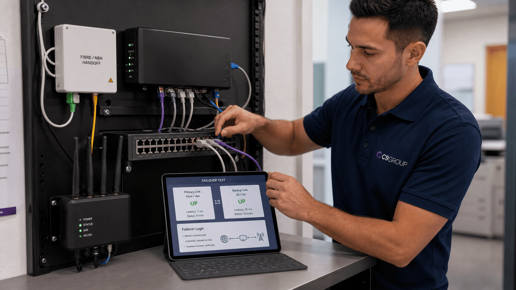 C9 GROUP engineer testing SD-WAN failover across fibre, nbn and 4G 5G links at a branch site