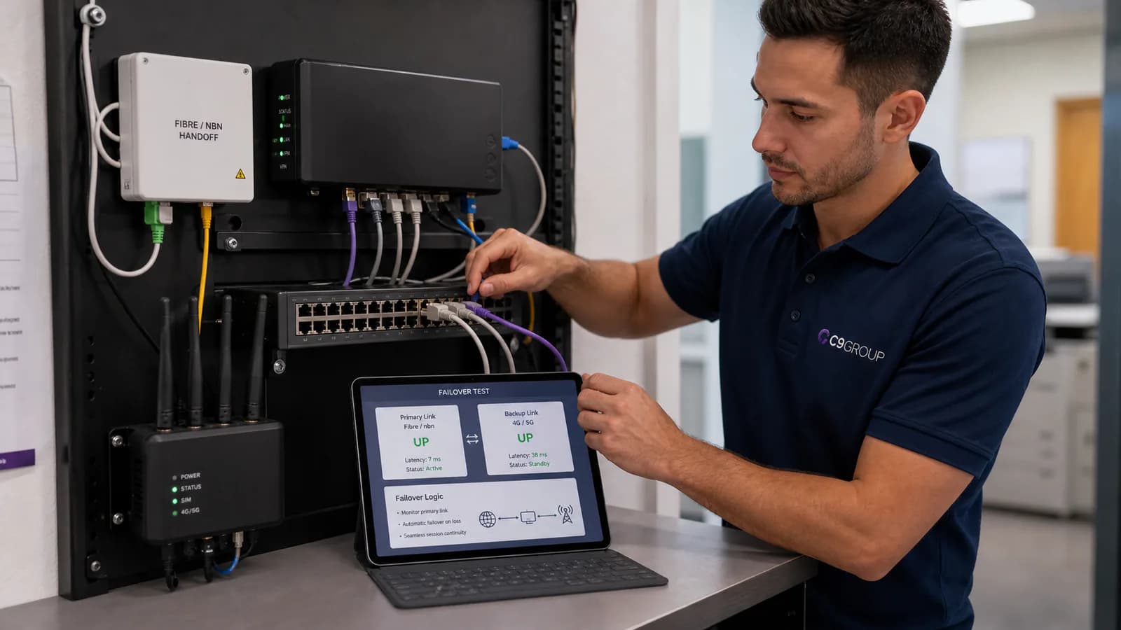 C9 GROUP engineer testing SD-WAN failover across fibre, nbn and 4G 5G links at a branch site
