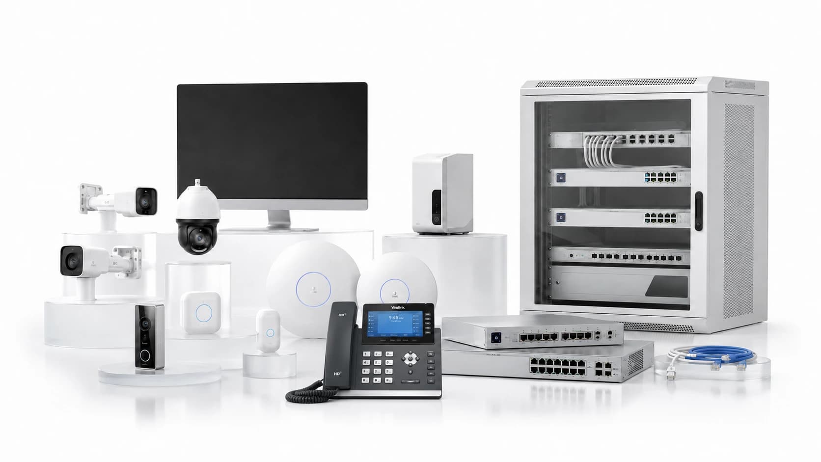 Managed telco equipment suite with cameras, wireless access points, switches, rack hardware and business phone system for C9 GROUP connectivity