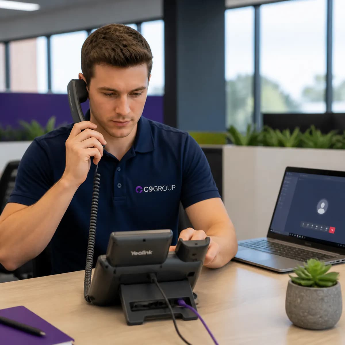 C9 GROUP staff member wearing a navy C9 polo while using a Yealink VoIP phone beside a Microsoft Teams calling screen