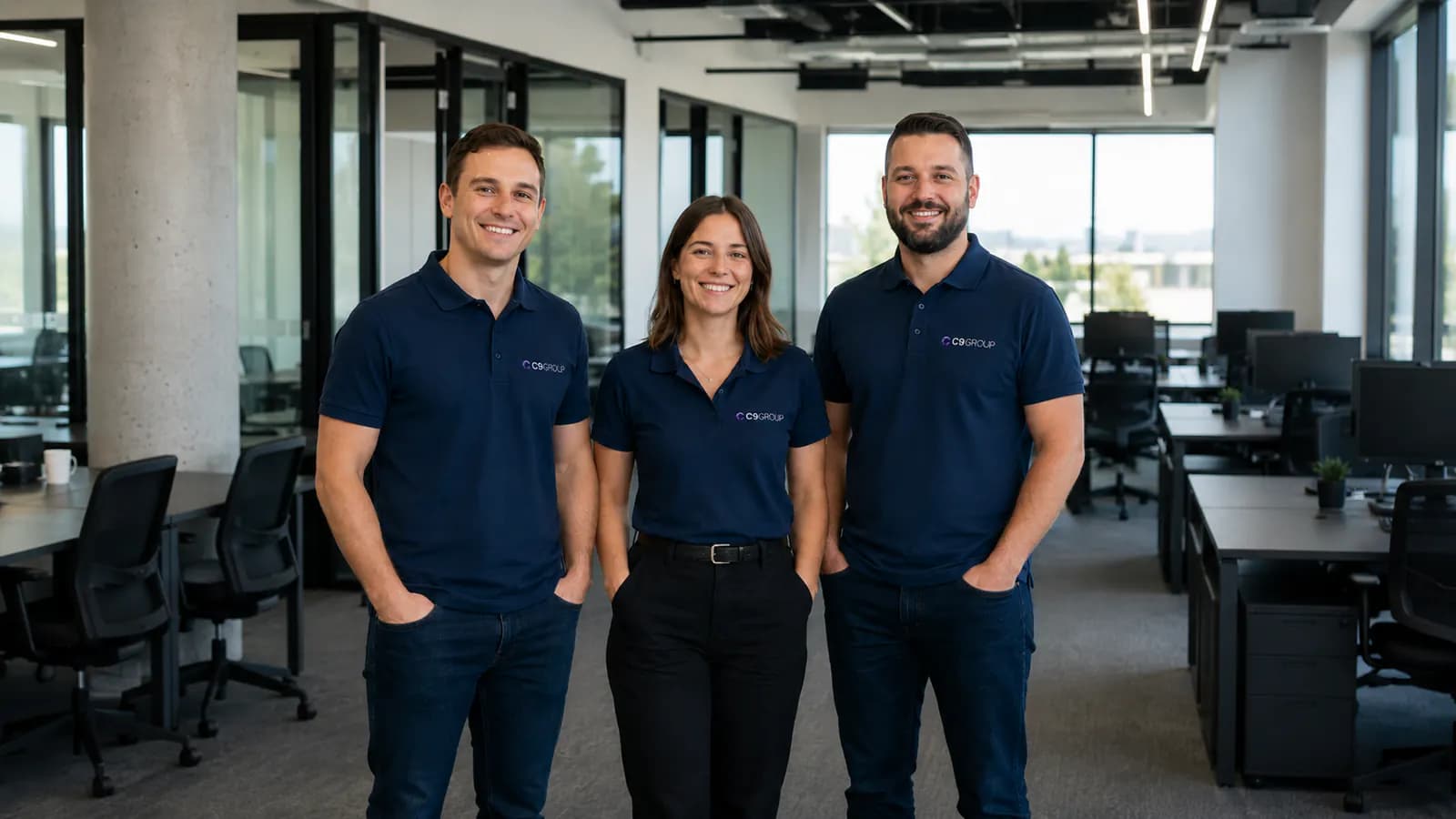 C9 GROUP team standing in a modern office