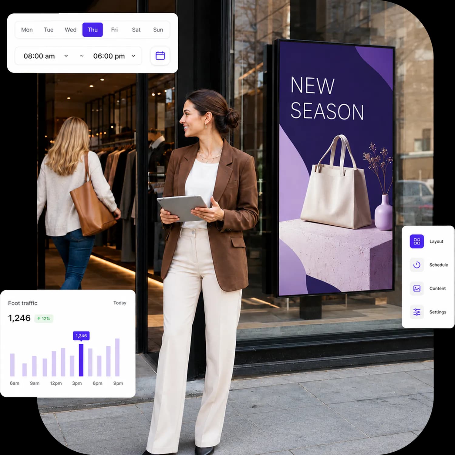 Retail storefront Digital Signages with campaign scheduling and foot traffic widgets