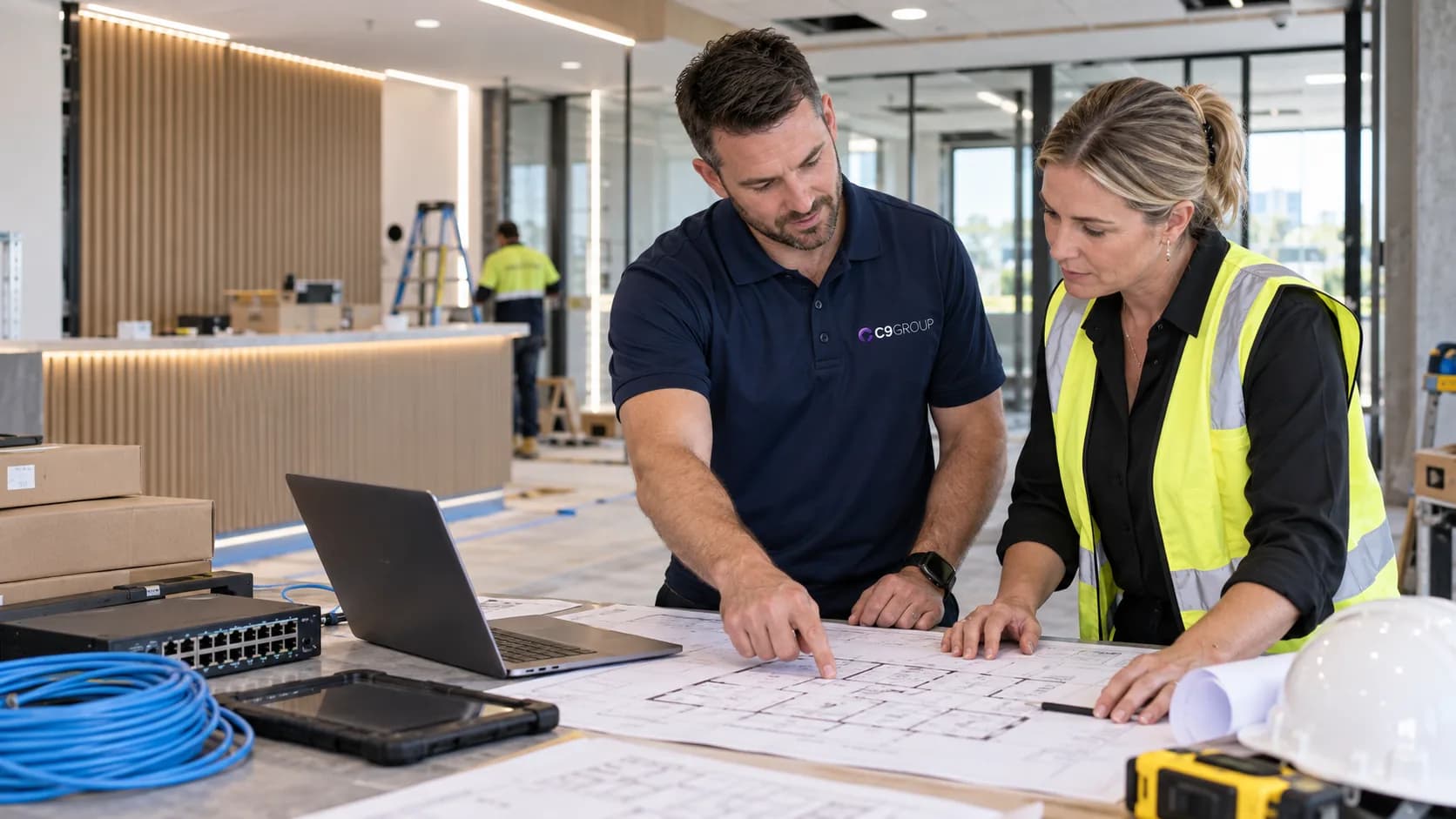 C9 GROUP staff member and project manager reviewing new site technology plans