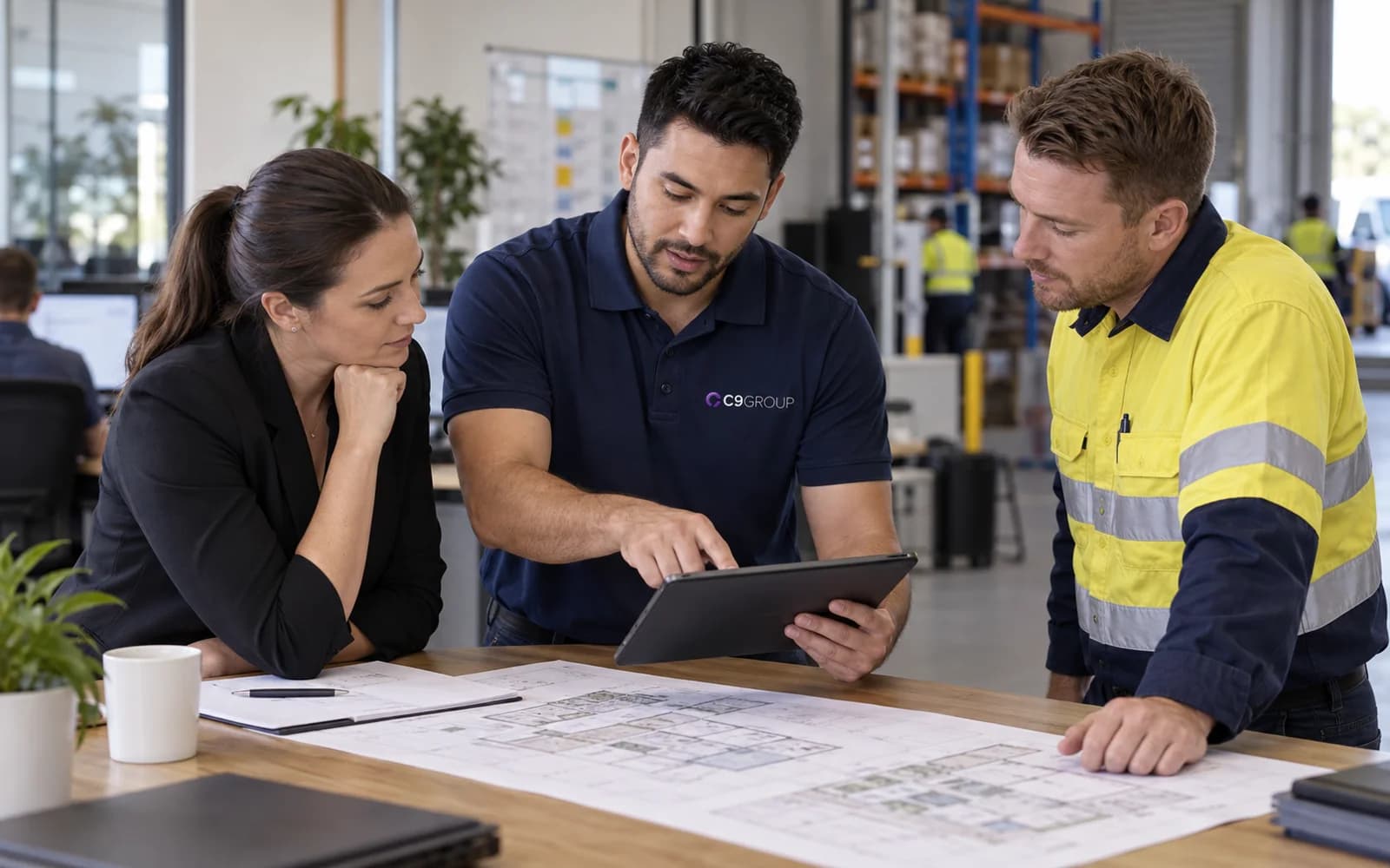 C9 GROUP staff reviewing a growing business technology environment with a client