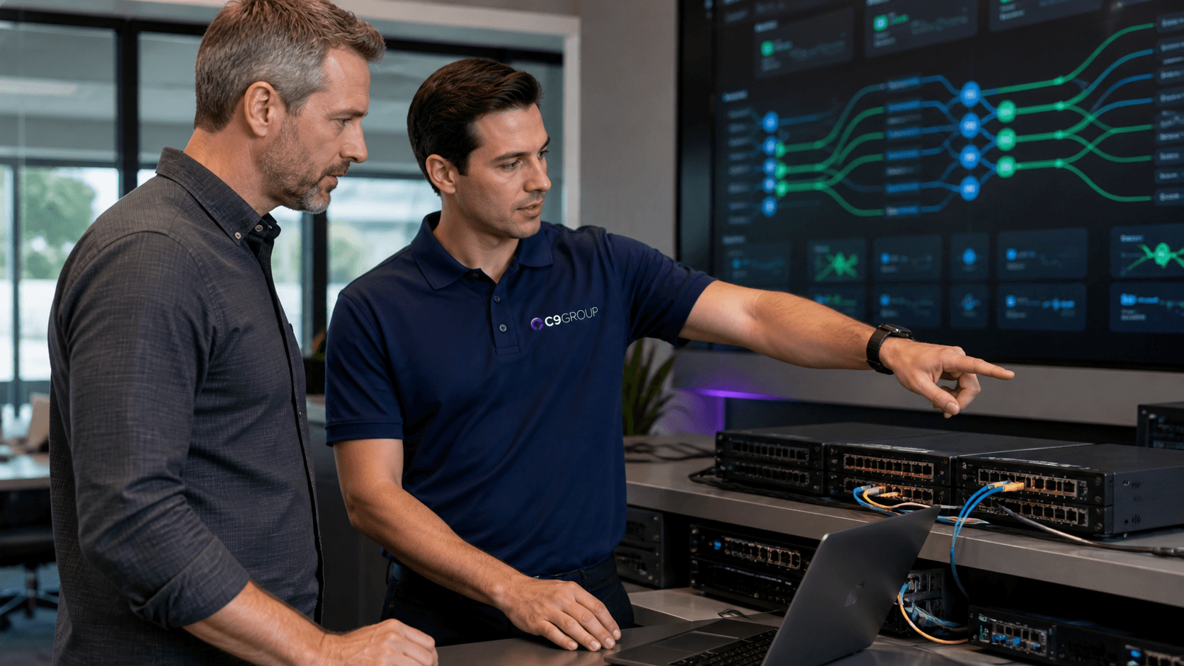 C9 GROUP engineer reviewing resilient network load balancing with an Australian business client